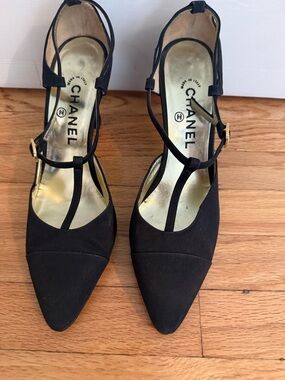 Chanel Black Satin T-Strap Pointed Toe Heels Size 40